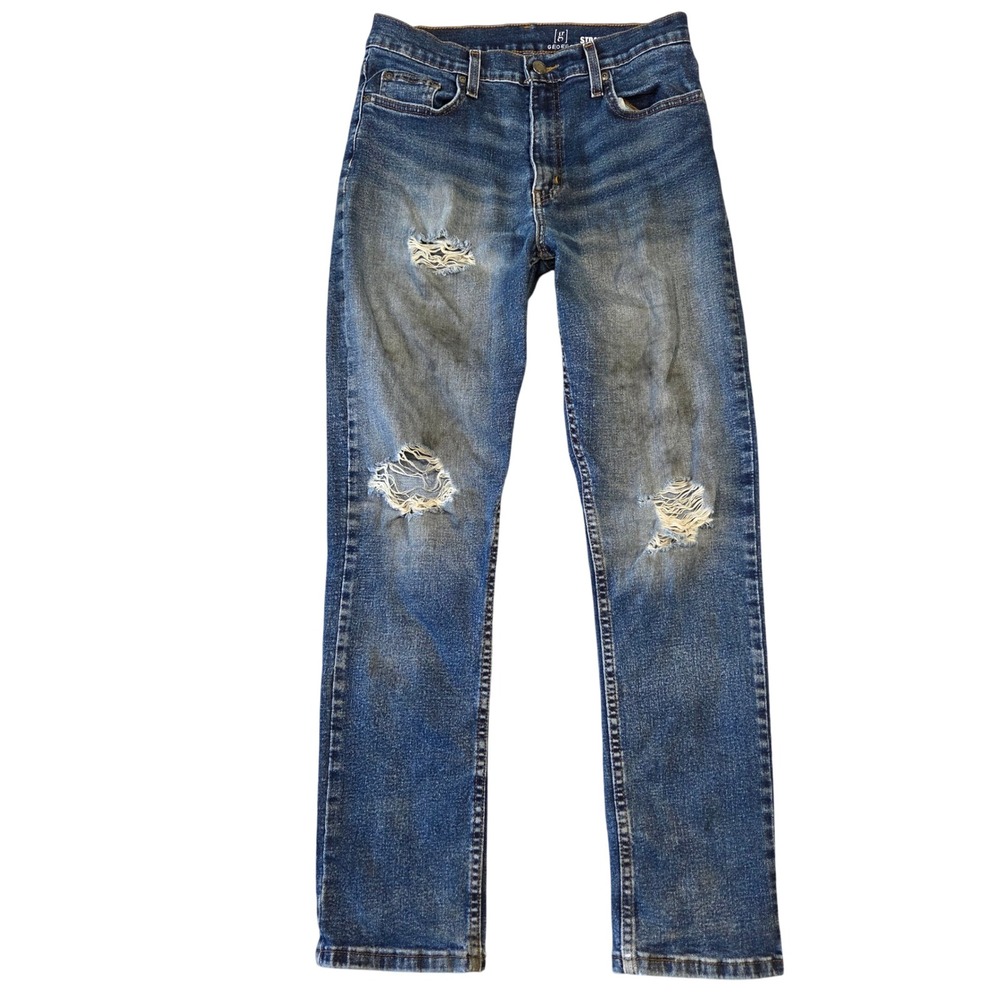 George Straight Leg Jeans Dark Wash Distressed Denim Men 30x30 Workwear Thrashed